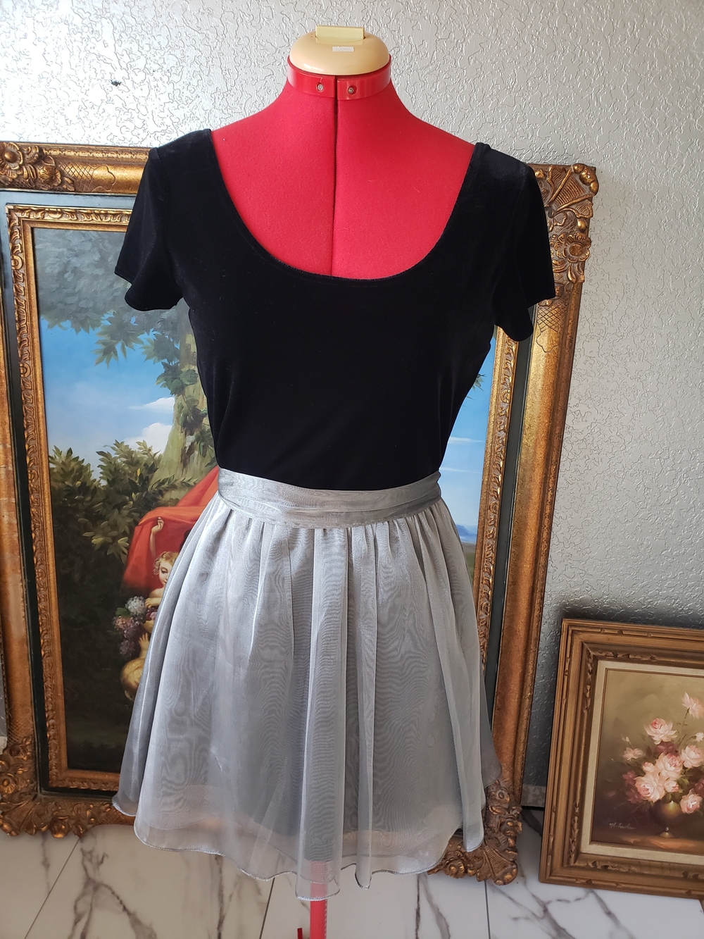 Ann Taylor Black Velvet Top with Silver Tulle Circle Skirt
